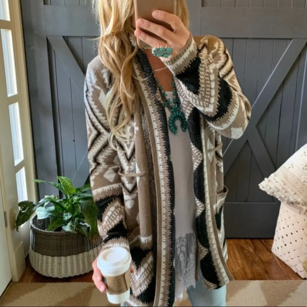 New Aztec Tribal Boho Western Ski Montana Cardigan Sweater Southwest Coat - Picture 2 of 12